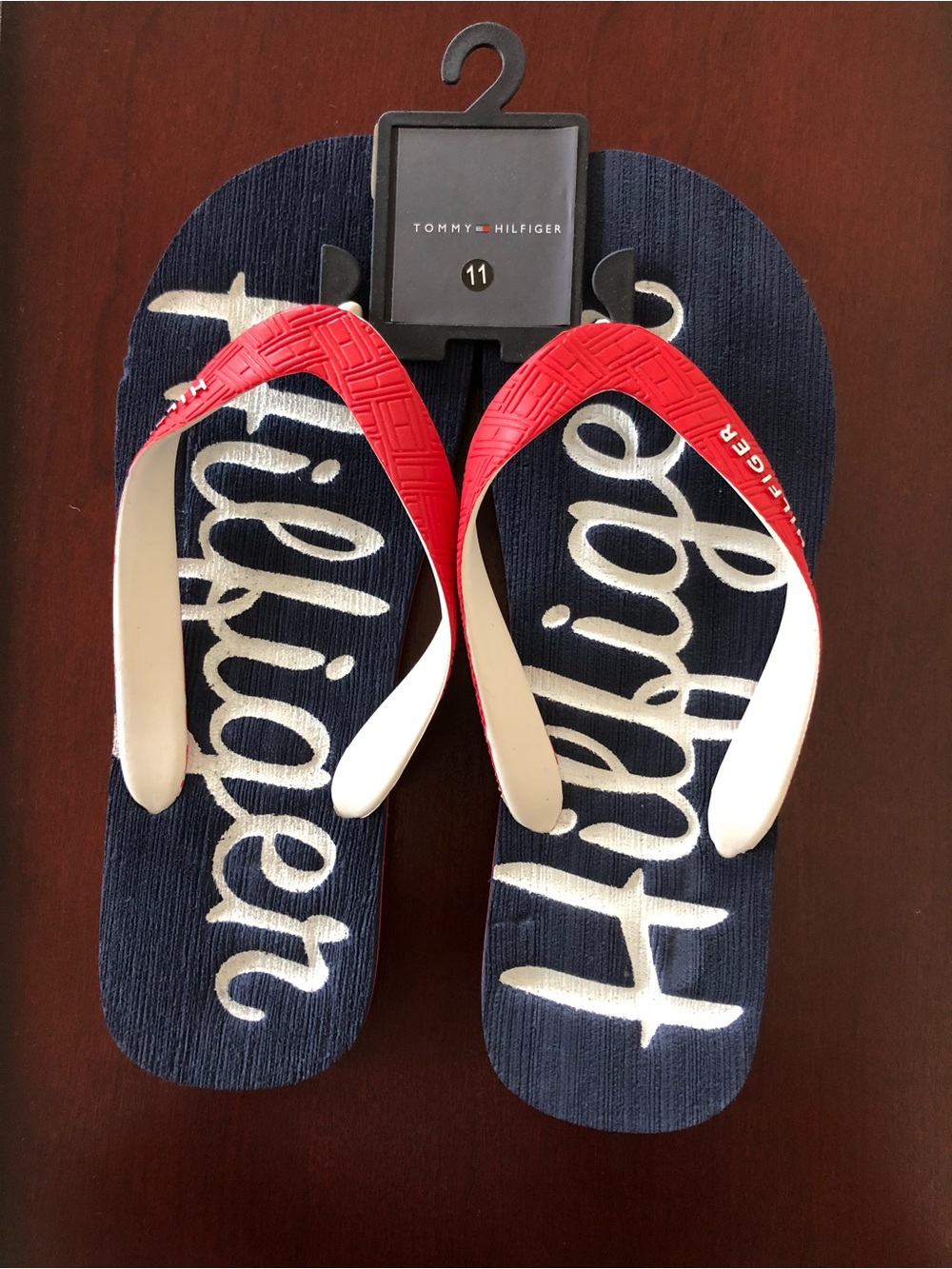 Tommy Hilfiger Navy, Red & White Script Logo Flip Flops size 11 brand new